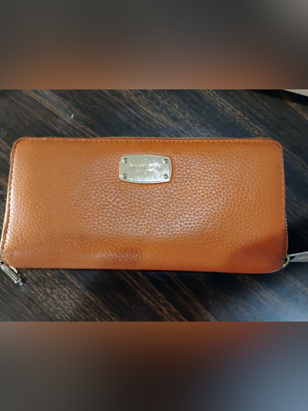 Michael Kors Brown Leather Zip Around Wallet Gold Tone Logo Plaque